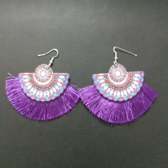 Wooden Purple Silk Fringe Half Moon Statement Earrings - Picture 1 of 2